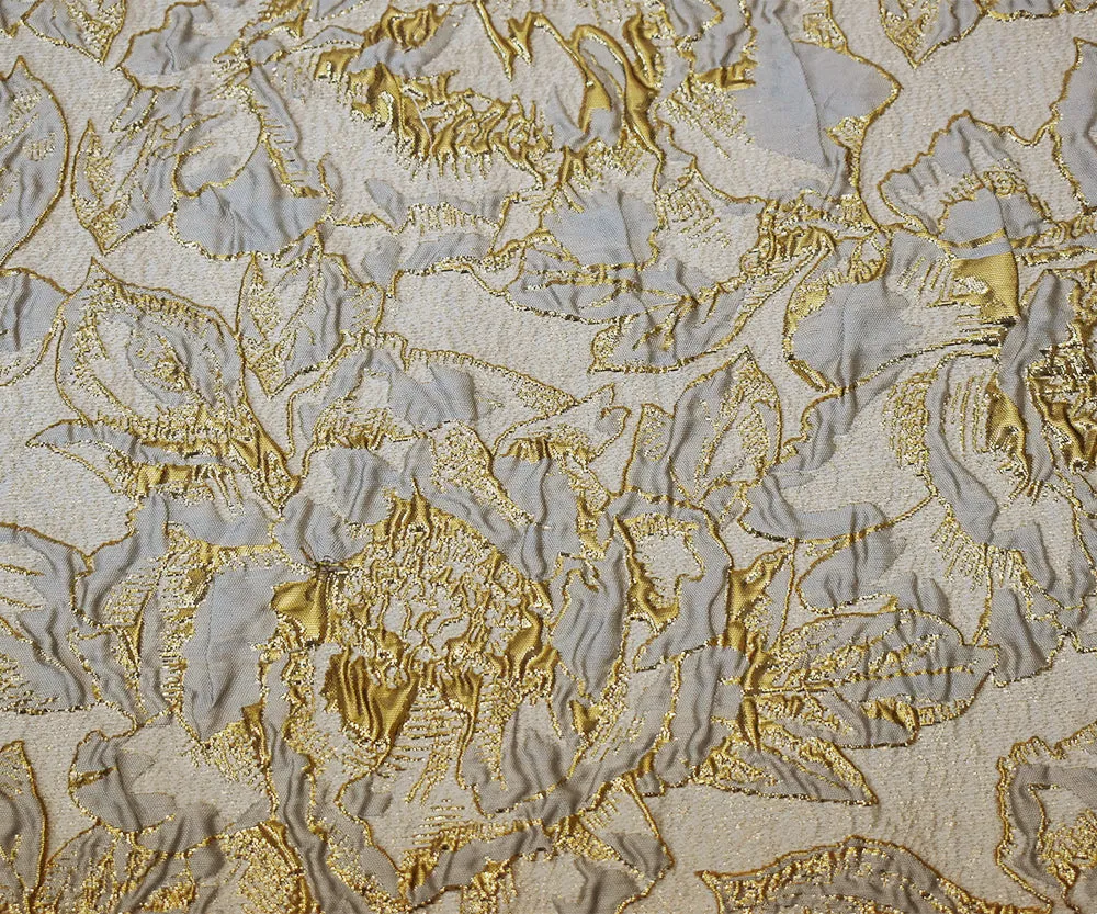 Gray-Gold Poly Blend Metallic Abstract Floral Matelasse Jacquard Brocade Fabric