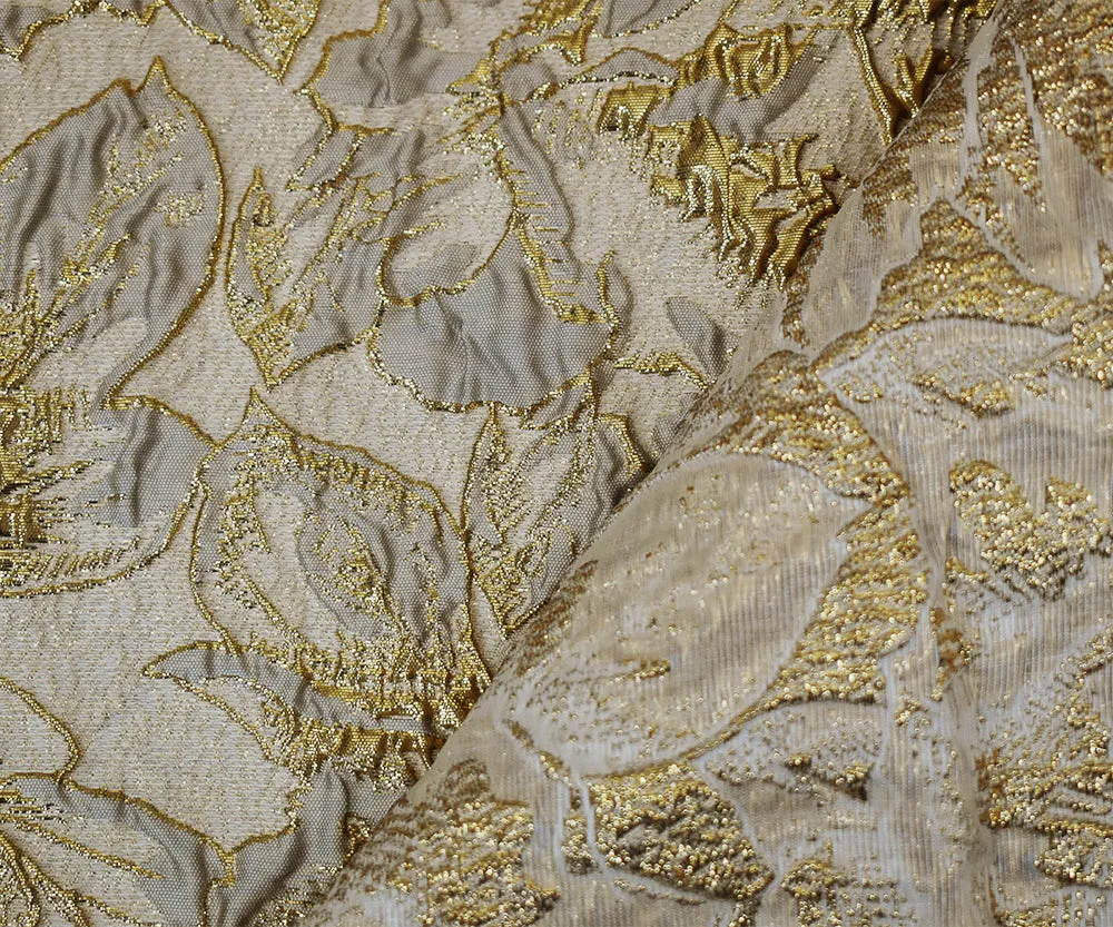 Gray-Gold Poly Blend Metallic Abstract Floral Matelasse Jacquard Brocade Fabric