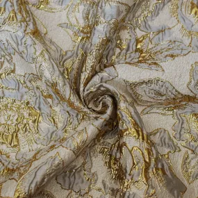 Gray-Gold Poly Blend Metallic Abstract Floral Matelasse Jacquard Brocade Fabric