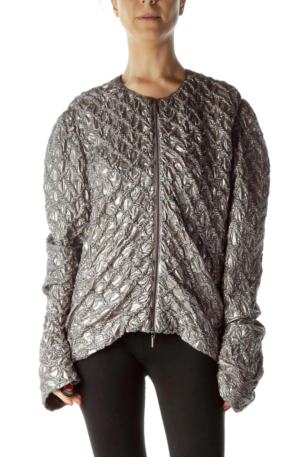 Gray Metallic Zippered Fitted Jacket