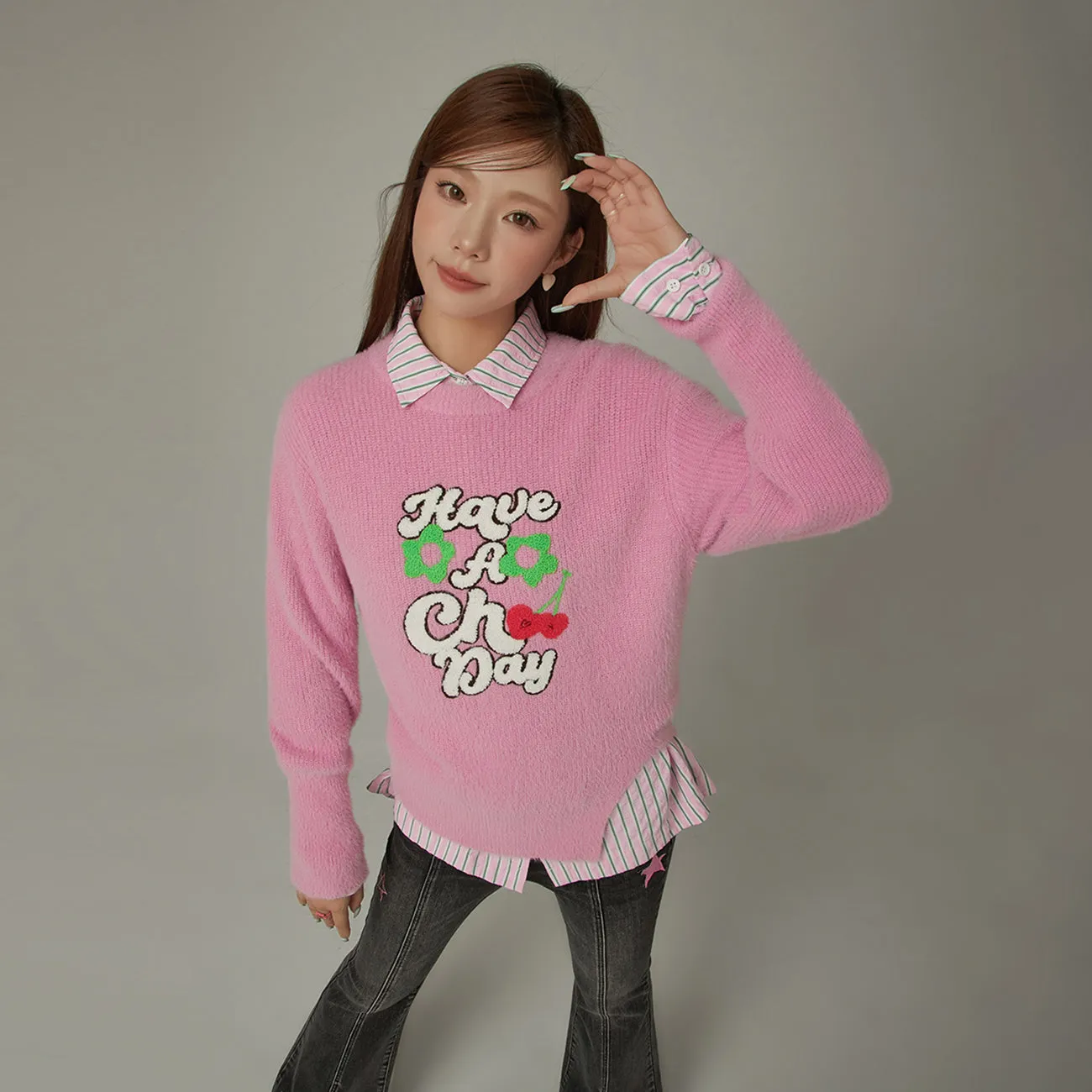 Have A Chuu Day Slit Lettering Knit Sweater