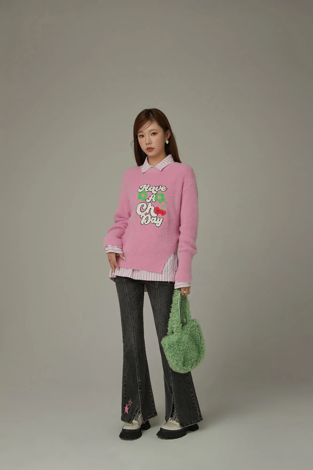 Have A Chuu Day Slit Lettering Knit Sweater