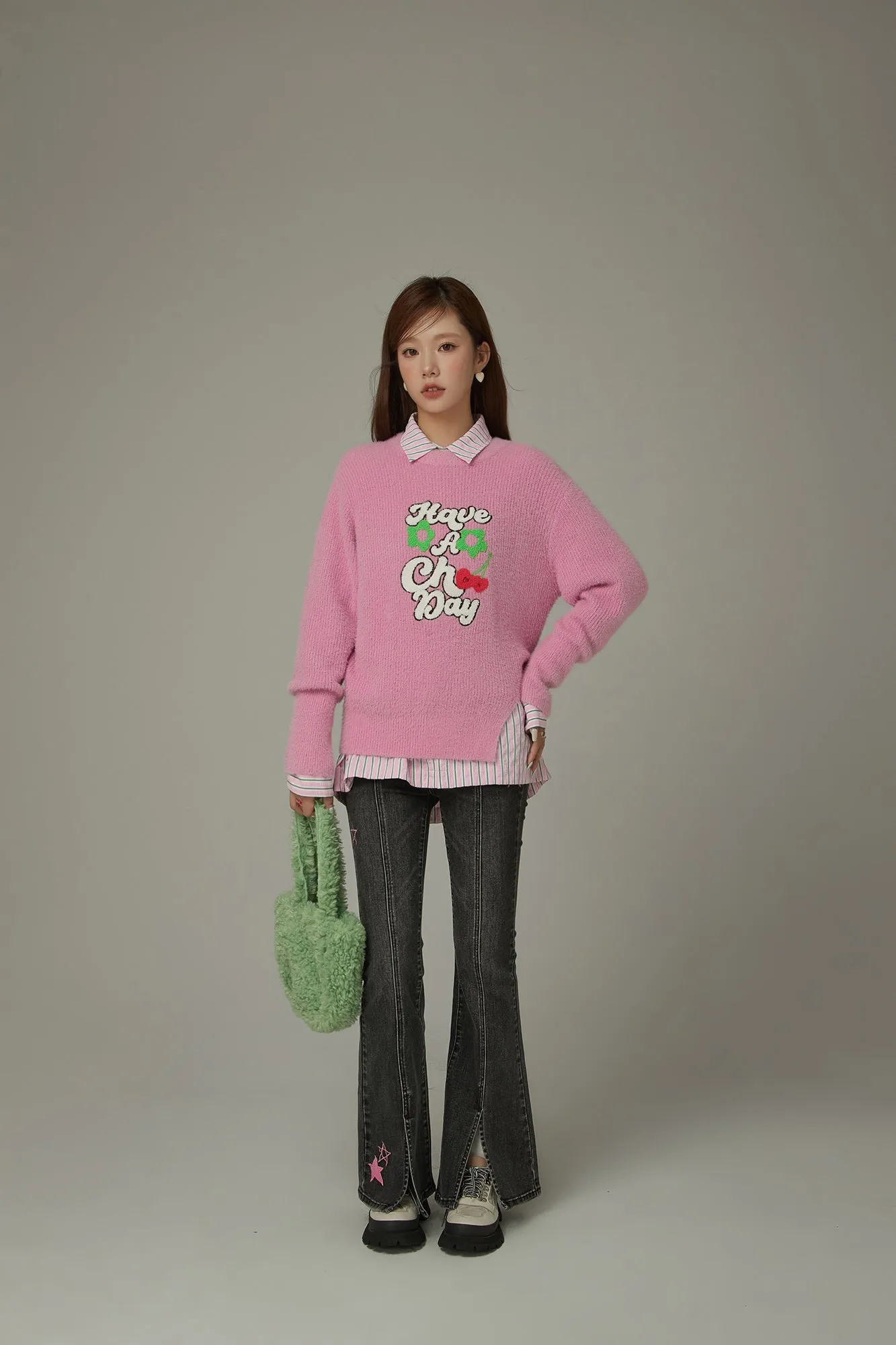 Have A Chuu Day Slit Lettering Knit Sweater