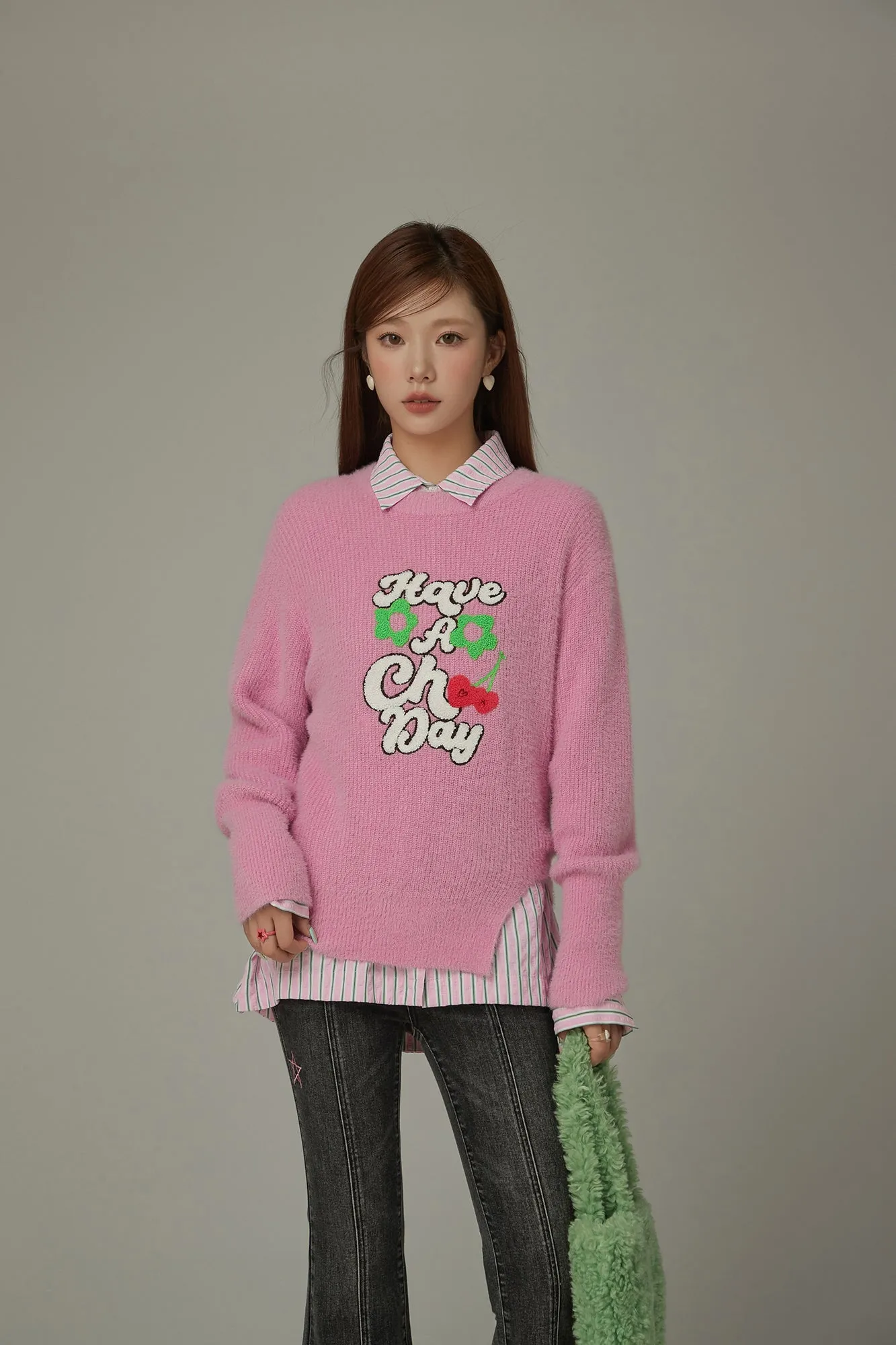 Have A Chuu Day Slit Lettering Knit Sweater