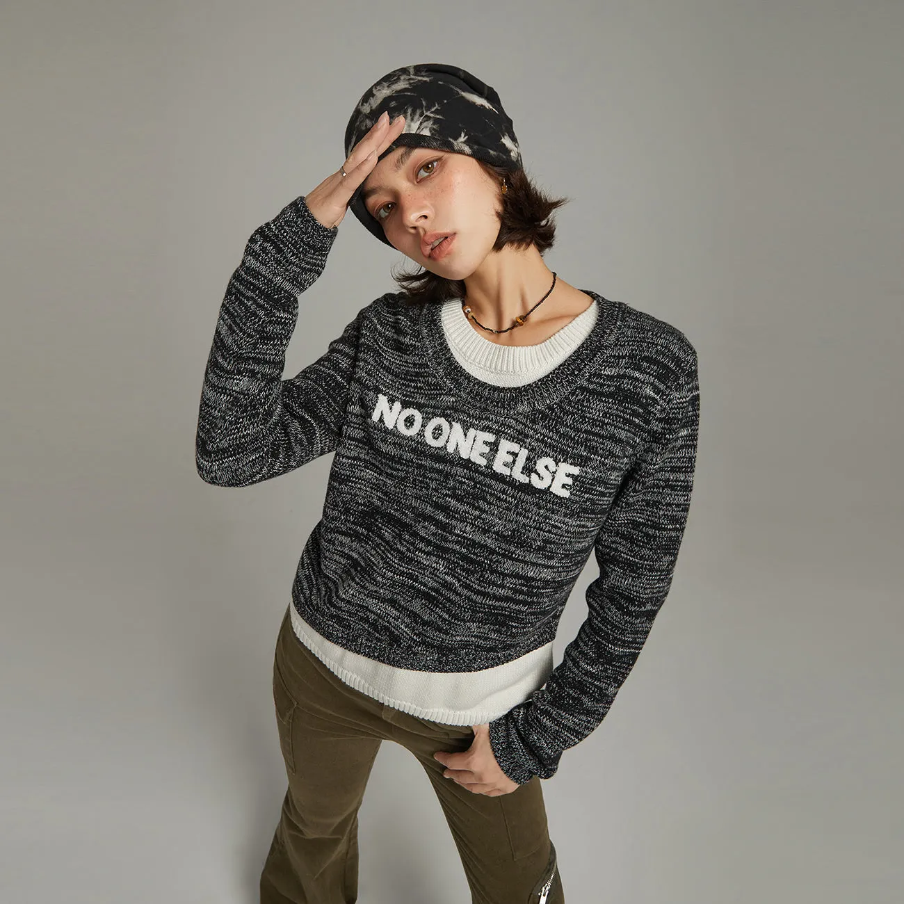 Logo Color Combination Layered Knit Sweater