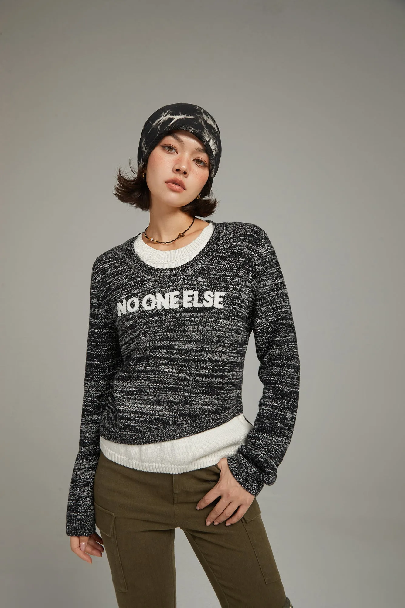 Logo Color Combination Layered Knit Sweater