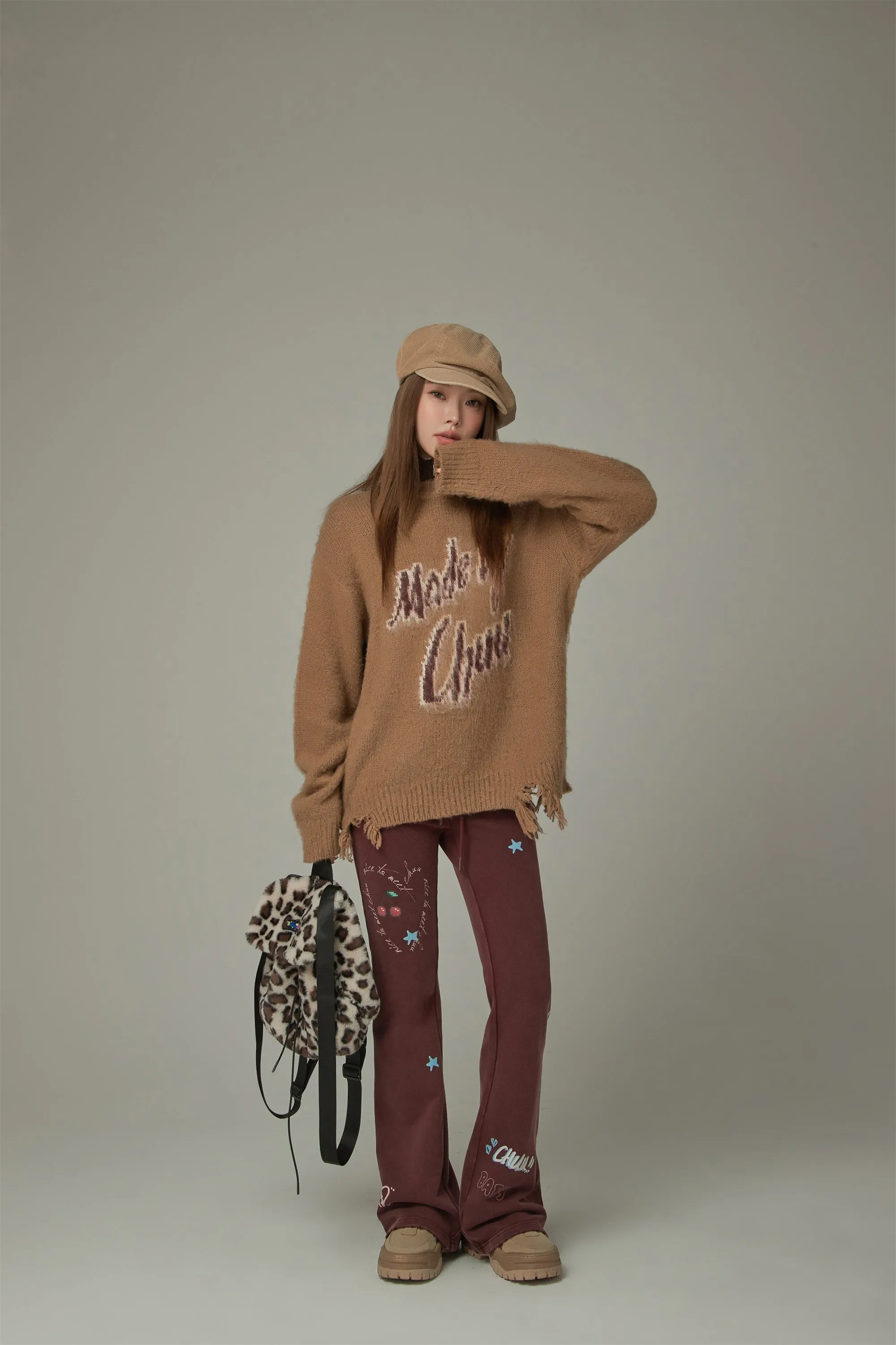 Logo Distressed Lettering Loose Fit Knit Sweater