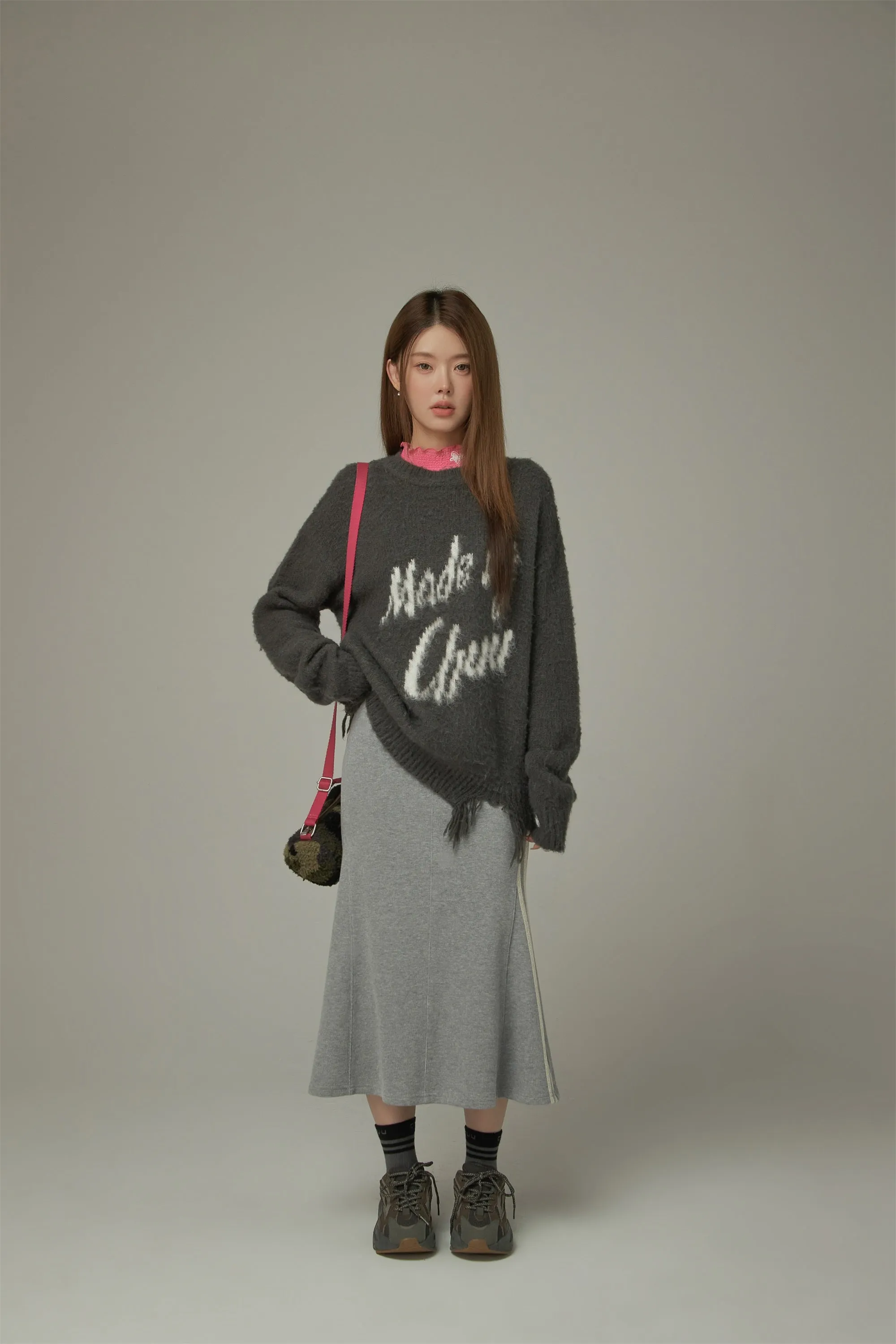 Logo Distressed Lettering Loose Fit Knit Sweater