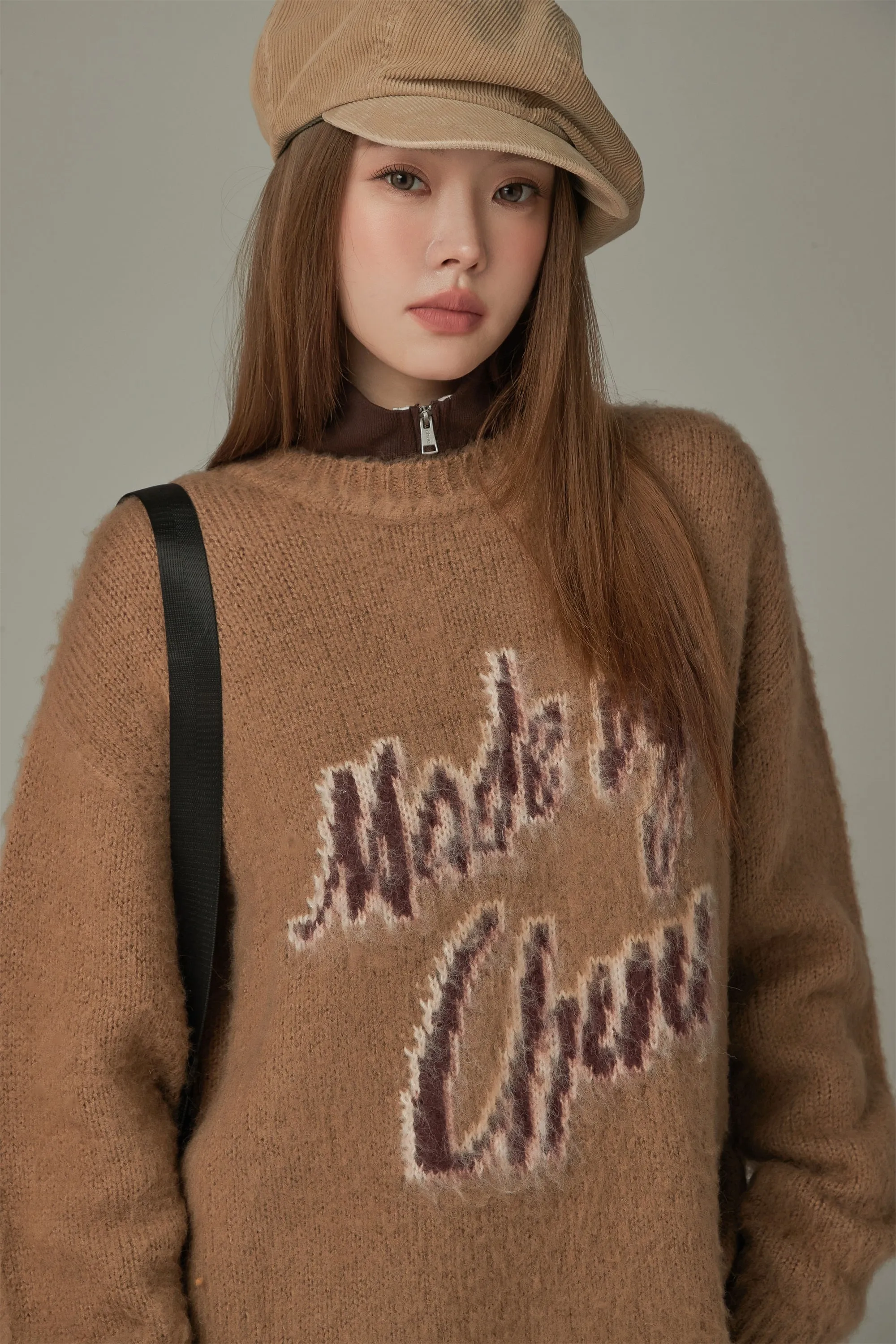 Logo Distressed Lettering Loose Fit Knit Sweater