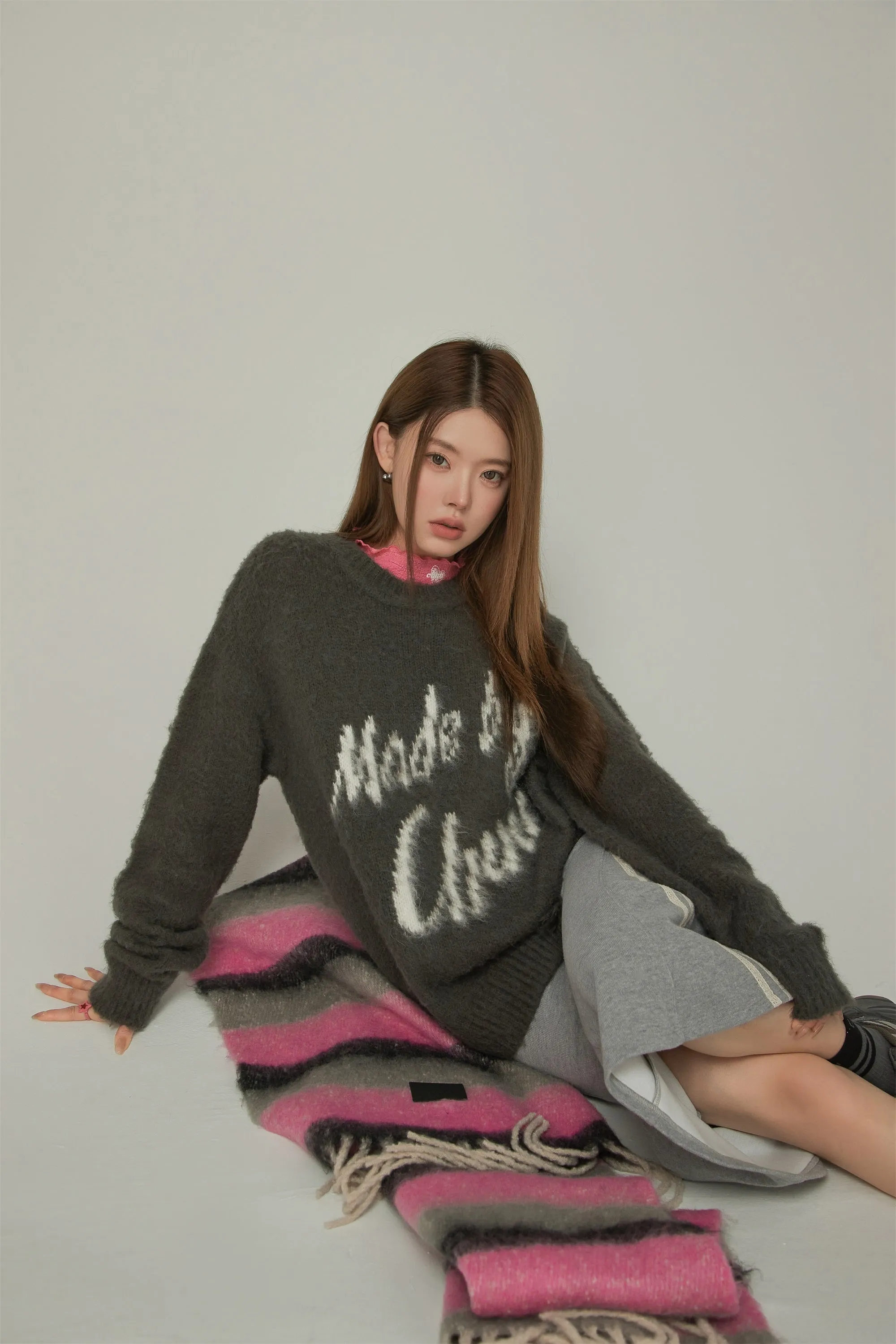 Logo Distressed Lettering Loose Fit Knit Sweater