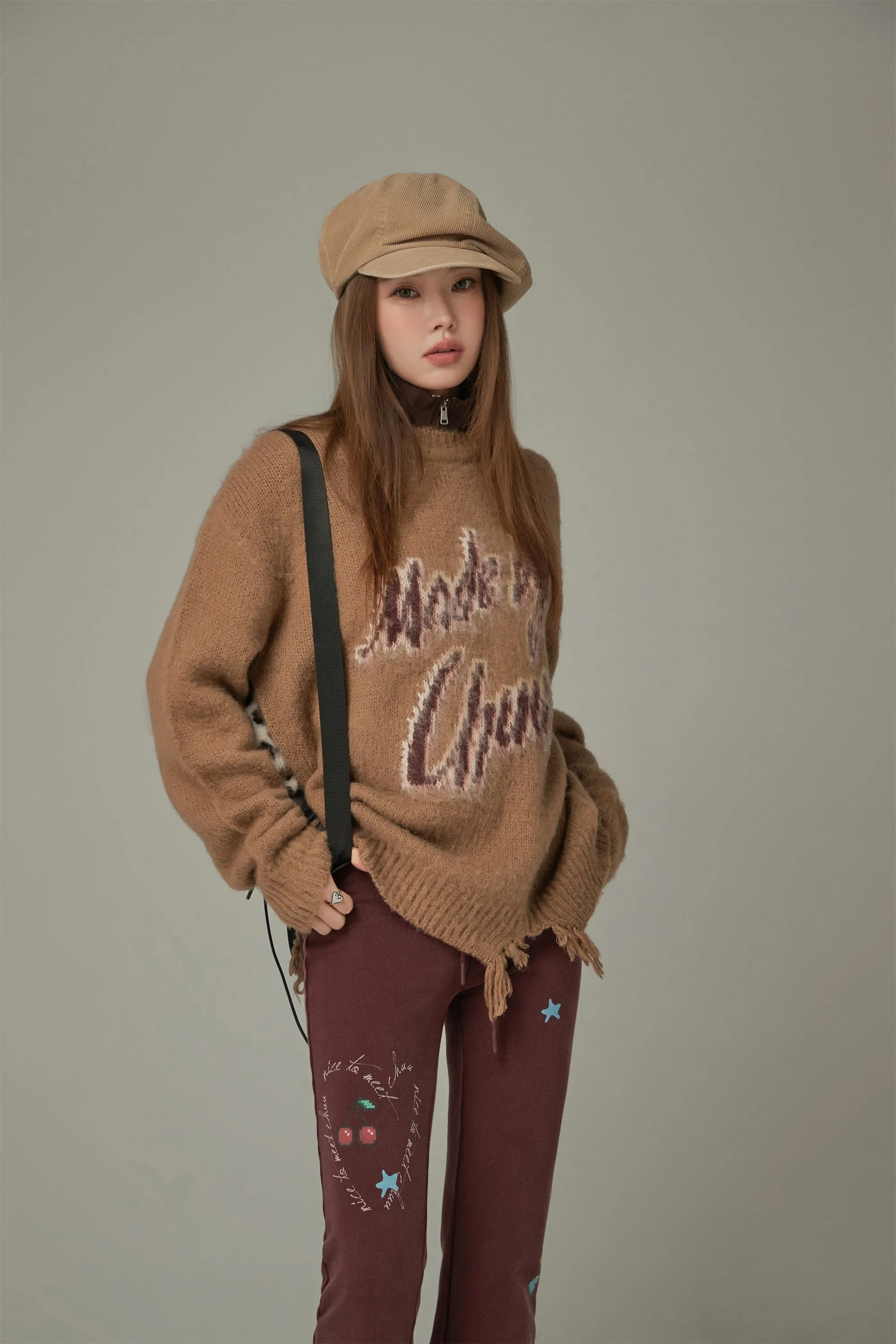 Logo Distressed Lettering Loose Fit Knit Sweater