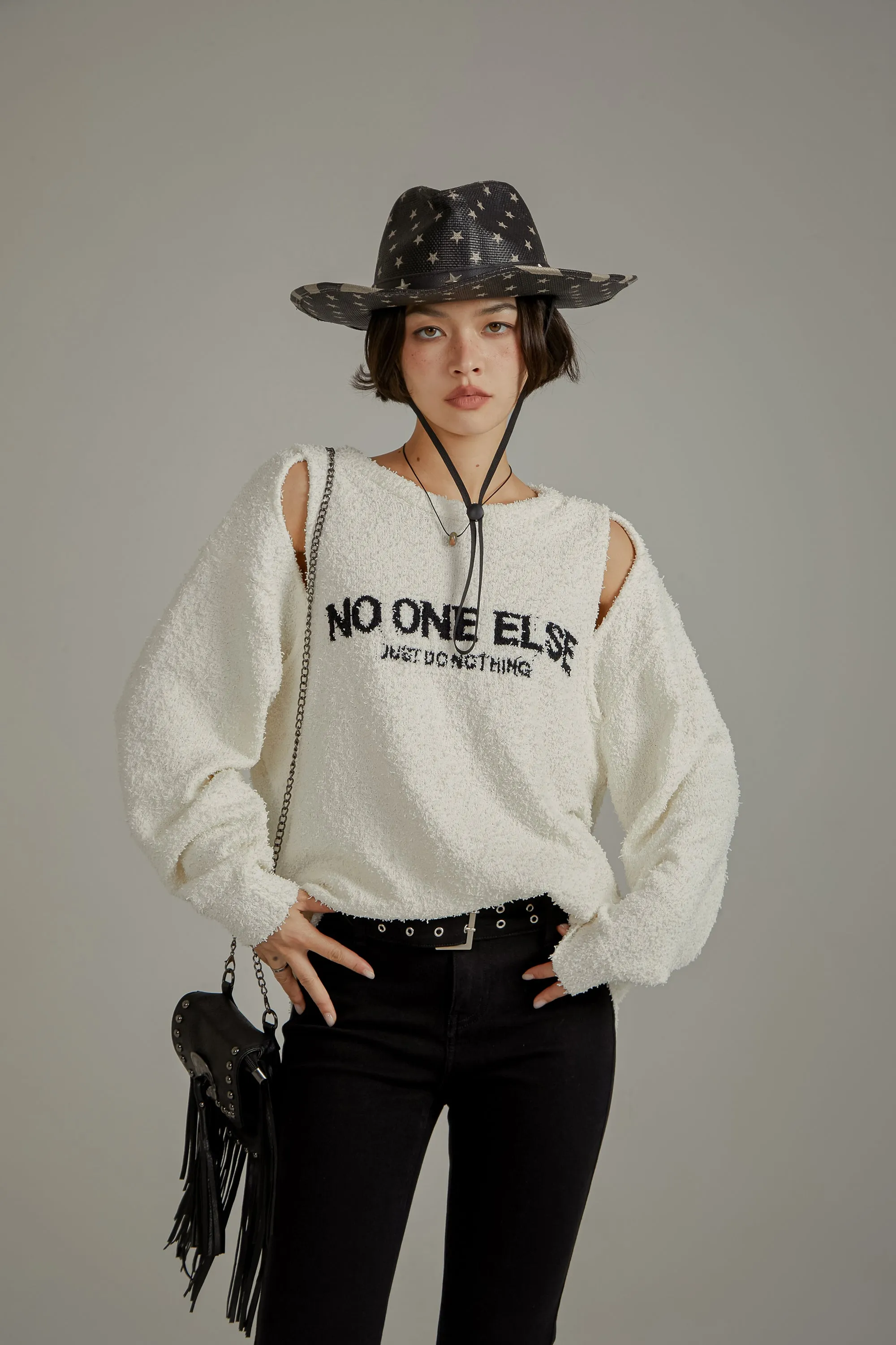 Logo Shoulder Split Loose Knit Sweater