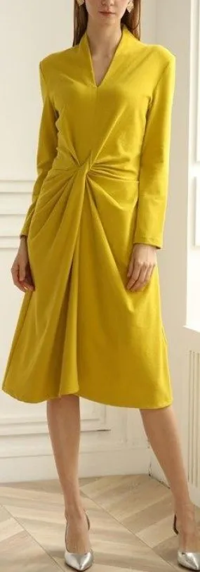 Long-Sleeve Ruched V-Neck Dress