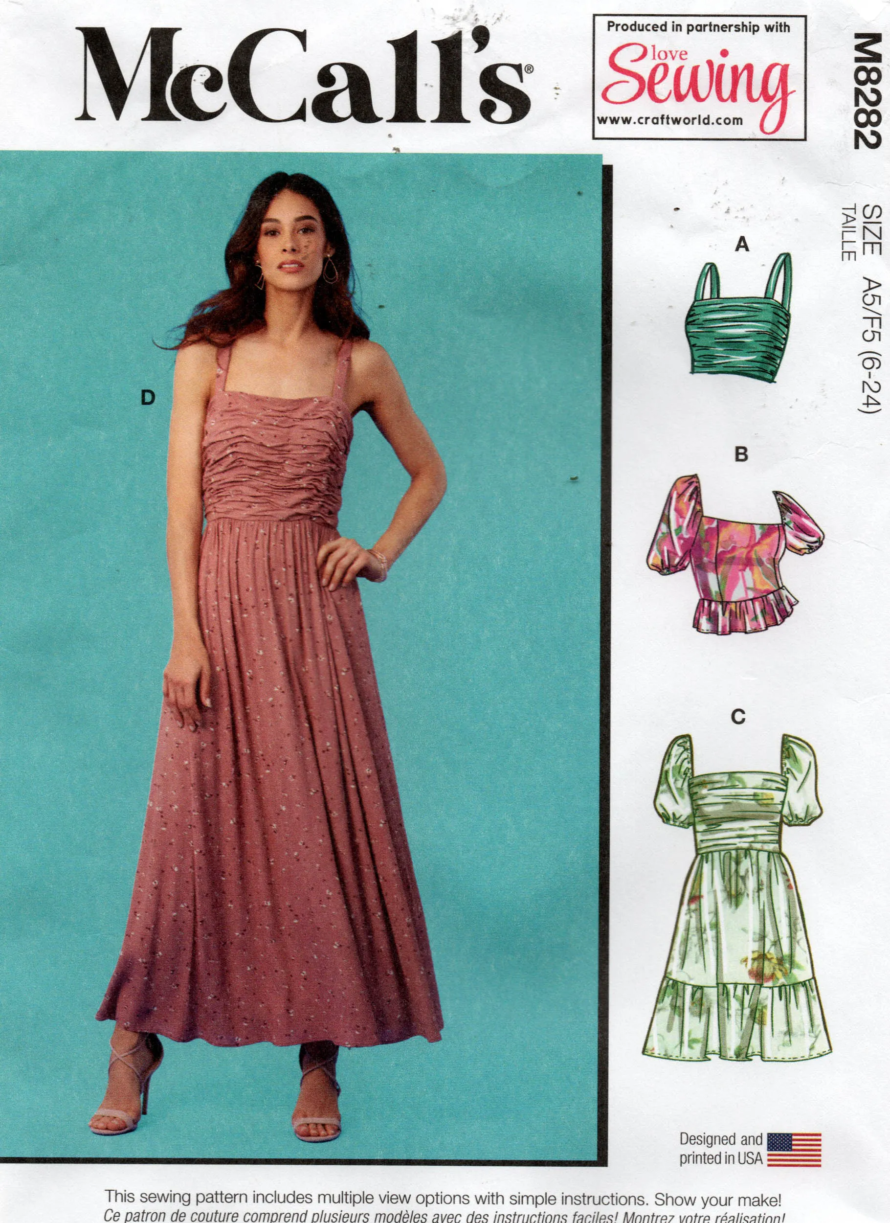 McCall's M8282 Womens Ruched Bodice Tops & Dresses Sewing Pattern Sizes 6 - 24 UNCUT Factory Folded