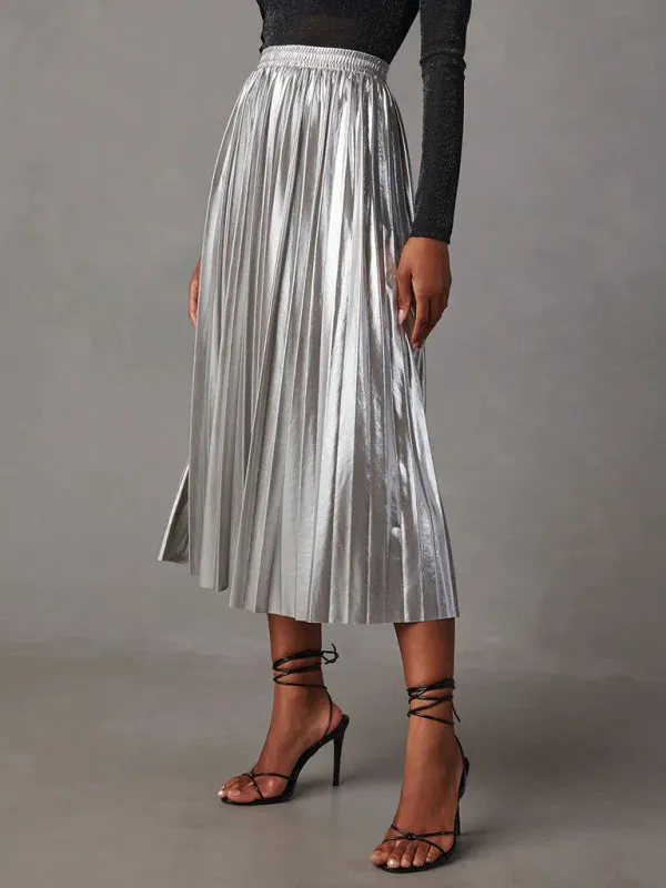 Metallic Faux Leather Pleated Midi Skirt