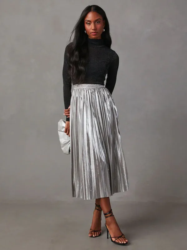 Metallic Faux Leather Pleated Midi Skirt