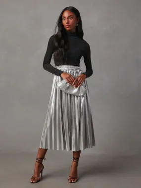 Metallic Faux Leather Pleated Midi Skirt