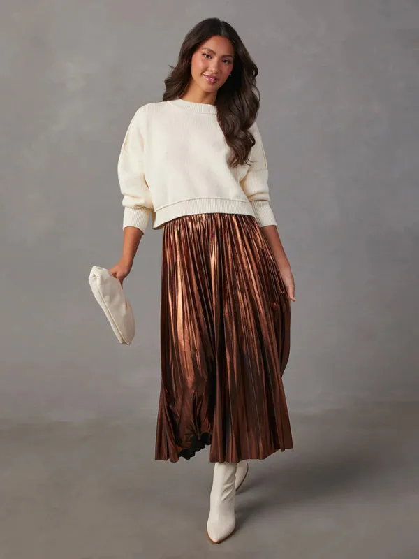 Metallic Faux Leather Pleated Midi Skirt