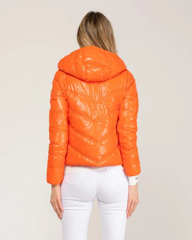 Metallic Padded Short Anorack With Hood, Zip And Buttons Orange