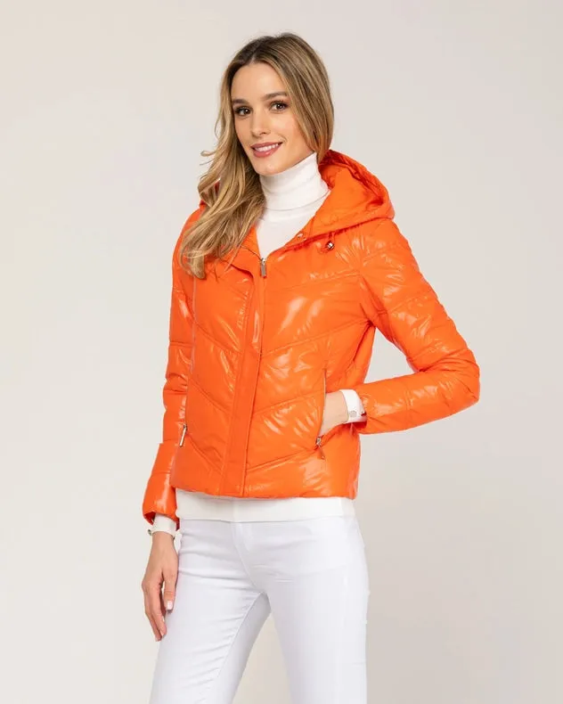 Metallic Padded Short Anorack With Hood, Zip And Buttons Orange