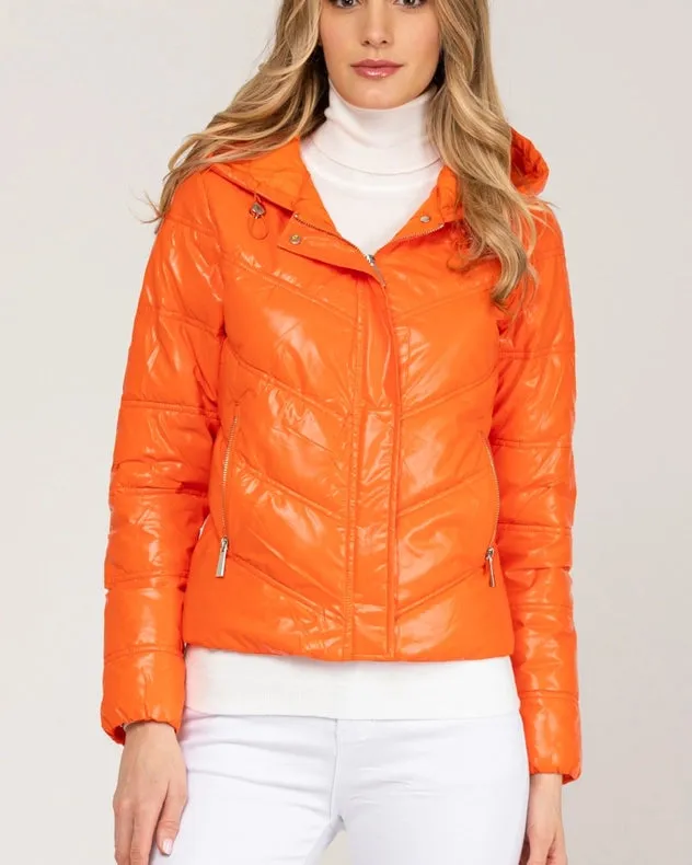 Metallic Padded Short Anorack With Hood, Zip And Buttons Orange