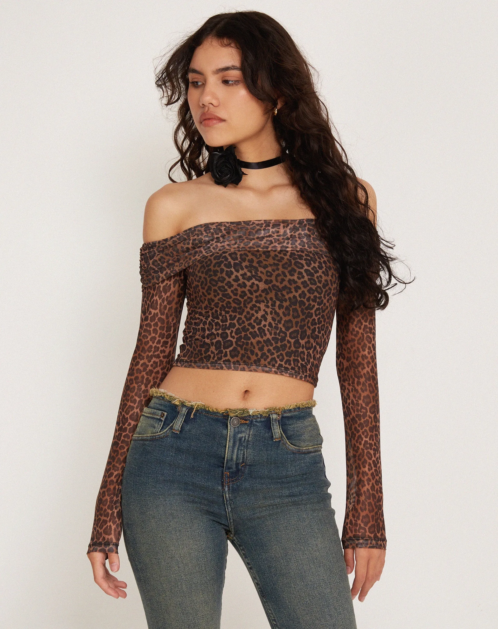 Nagini Long Sleeve Bardot Top in Rar Leopard Mesh