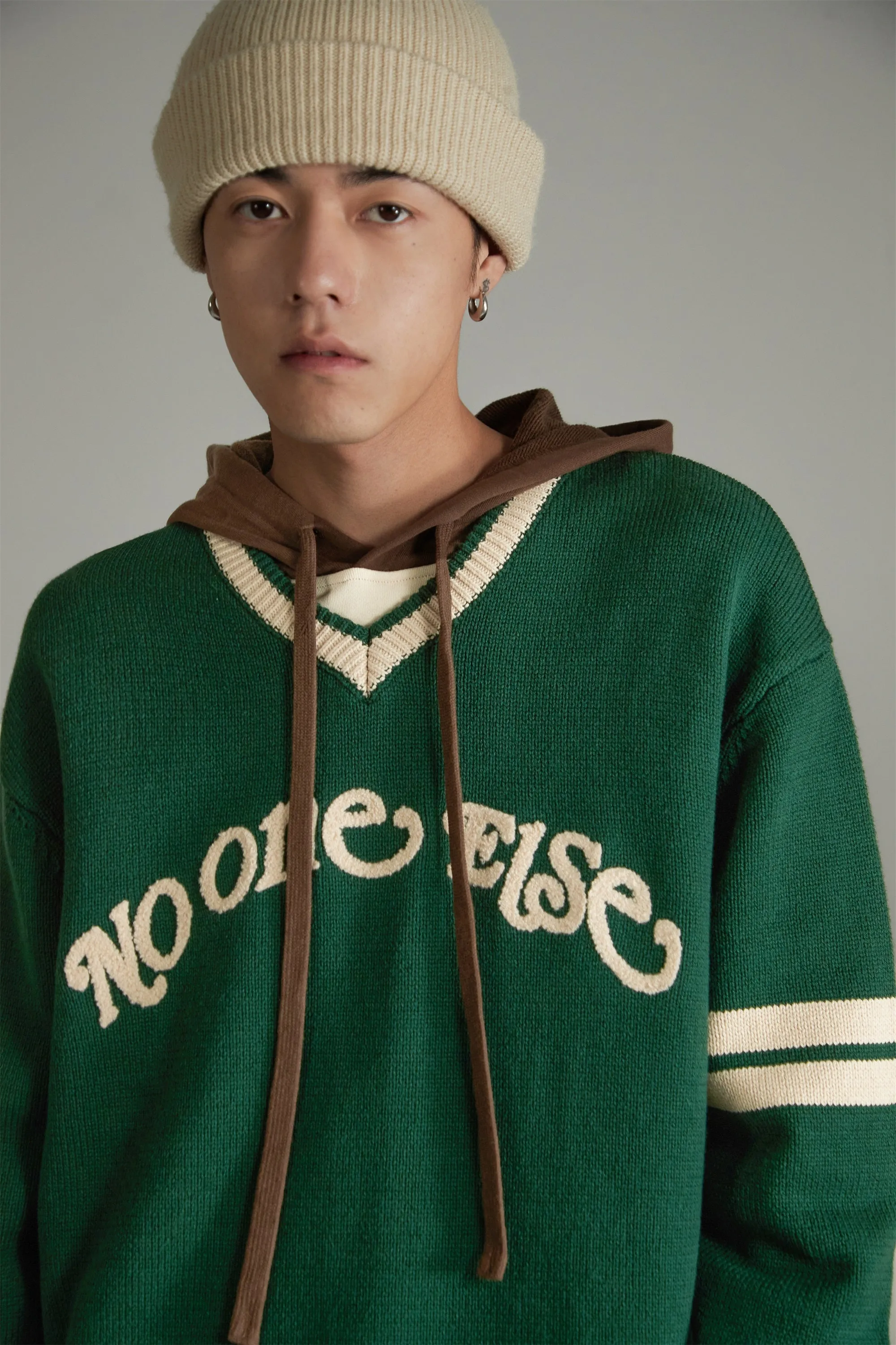 Noe Logo V-Neck Varsity Knit Sweater