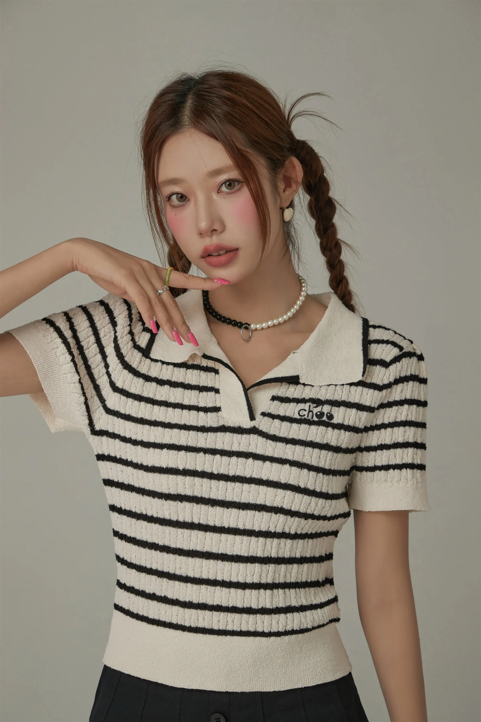 Open Collar Back Cutout Logo Embroidery Knit Sweater