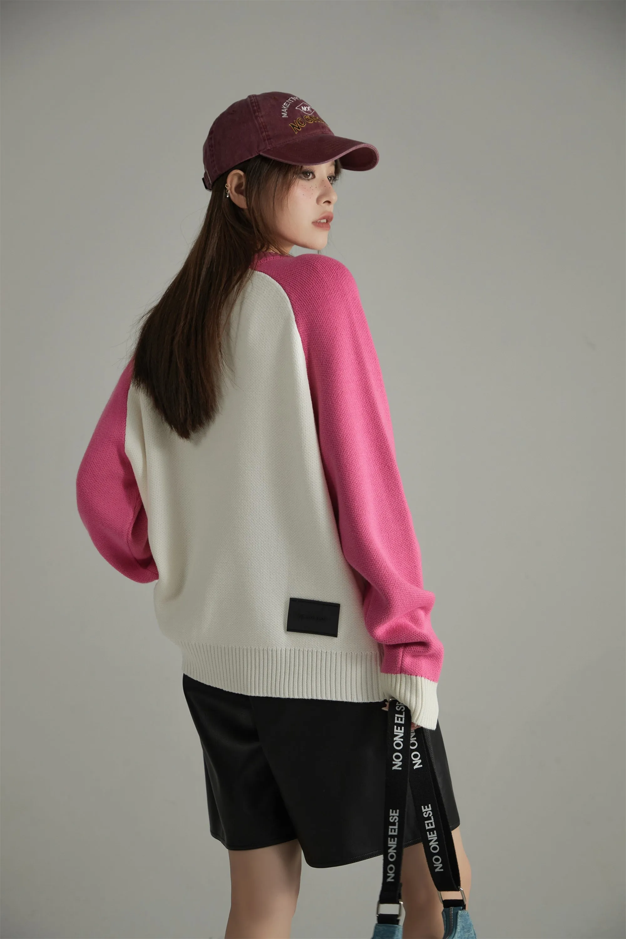 Pattern Color Matching Raglan Knit Sweater