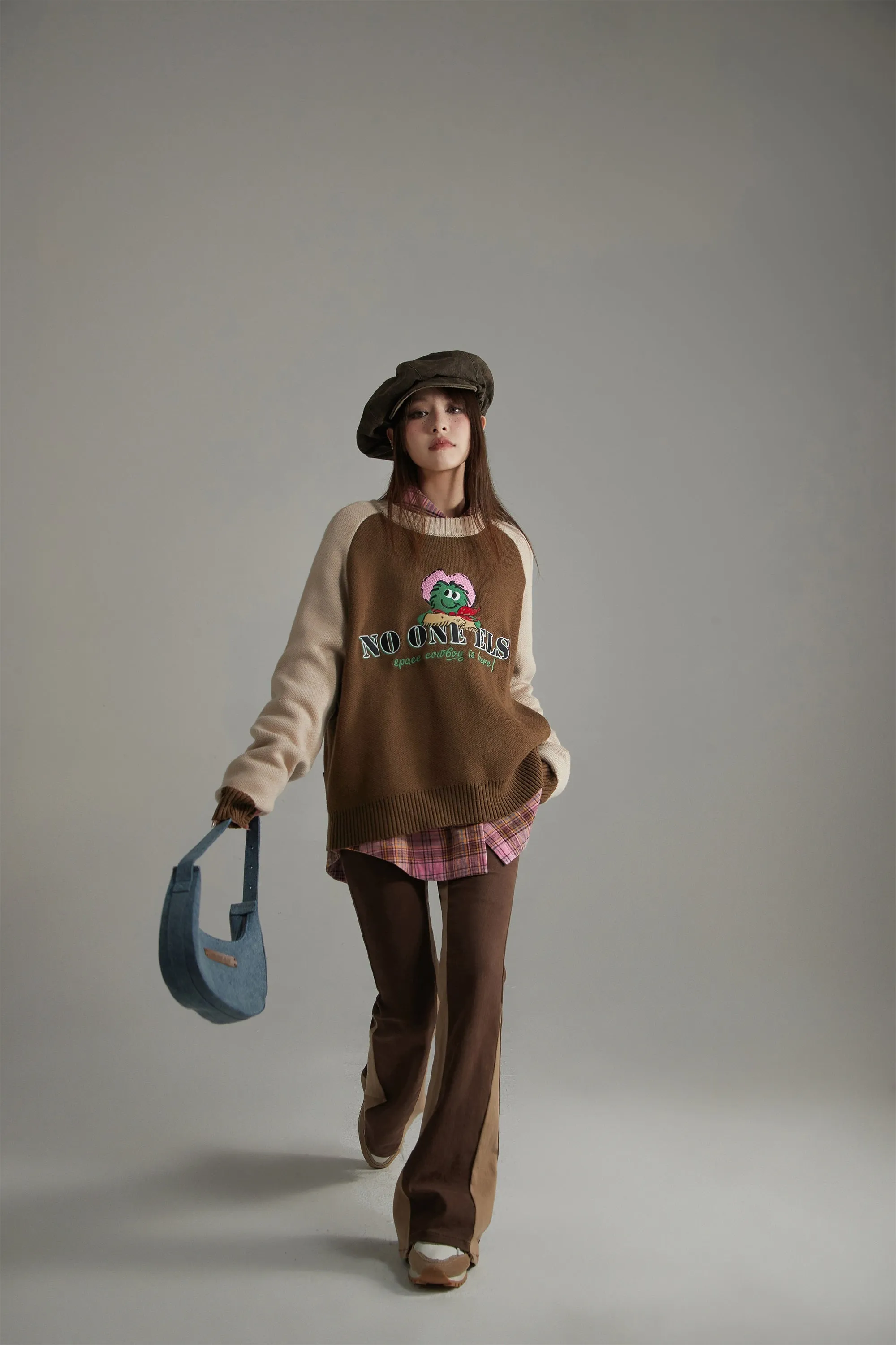 Pattern Color Matching Raglan Knit Sweater