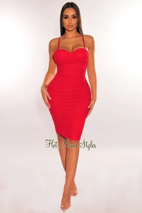 Red Mesh Spaghetti Straps Padded Ruched Dress