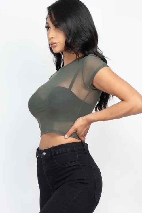 Sexy Mesh Sheer Short Sleeve Crop Top