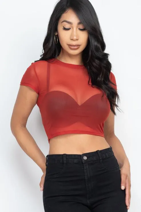 Sexy Mesh Sheer Short Sleeve Crop Top