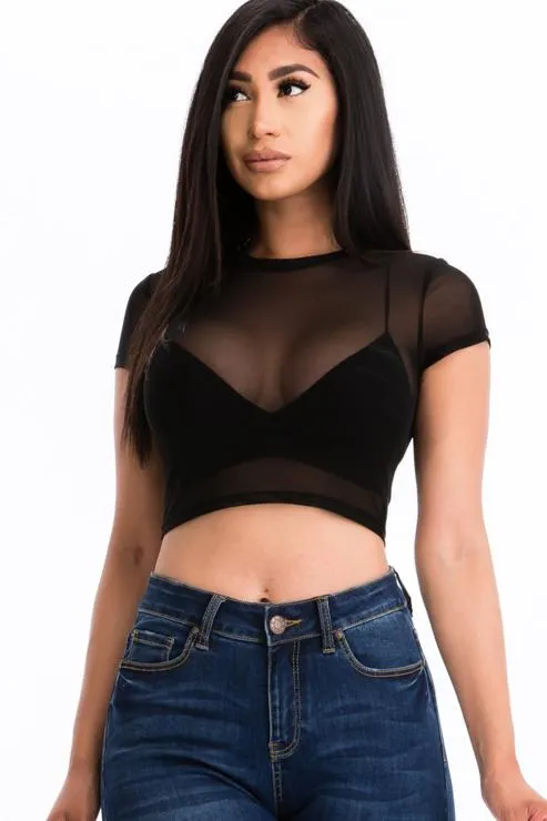 Sexy Mesh Sheer Short Sleeve Crop Top