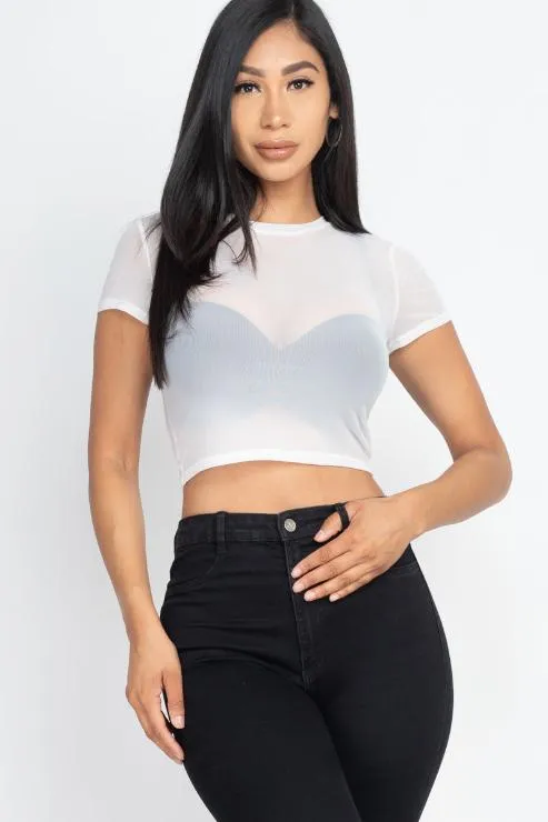 Sexy Mesh Sheer Short Sleeve Crop Top