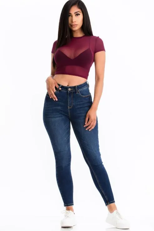 Sexy Mesh Sheer Short Sleeve Crop Top