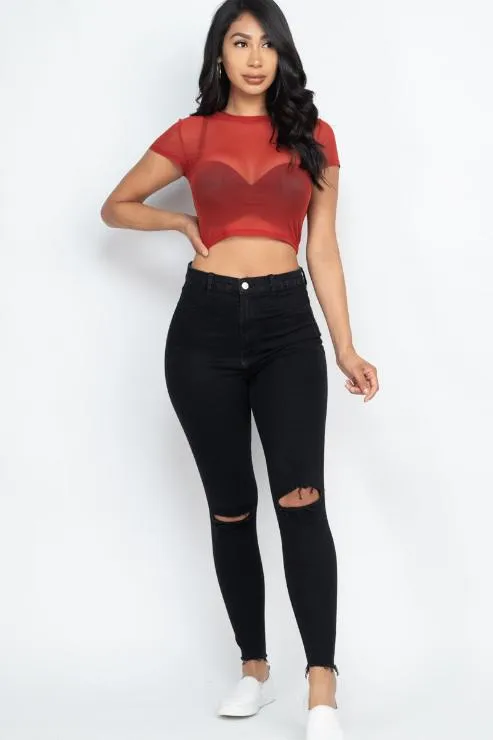 Sexy Mesh Sheer Short Sleeve Crop Top