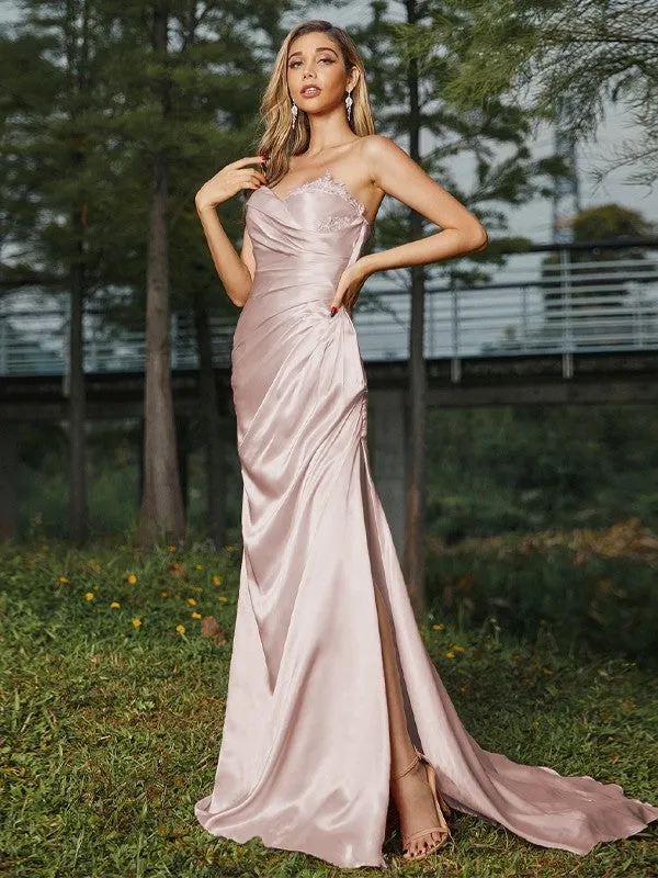 Sheath/Column Silk like Satin Ruched Sweetheart Sleeveless Sweep/Brush Train Bridesmaid Dresses