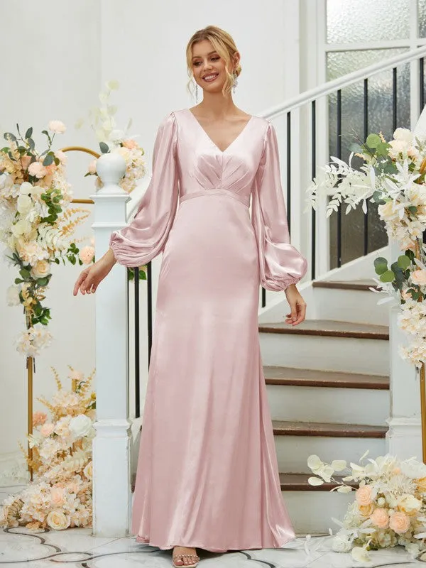 Sheath/Column Silk like Satin Ruched V-neck Long Sleeves Floor-Length Bridesmaid Dresses