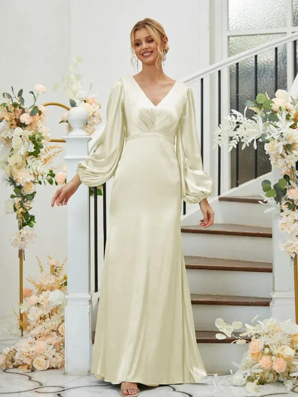 Sheath/Column Silk like Satin Ruched V-neck Long Sleeves Floor-Length Bridesmaid Dresses