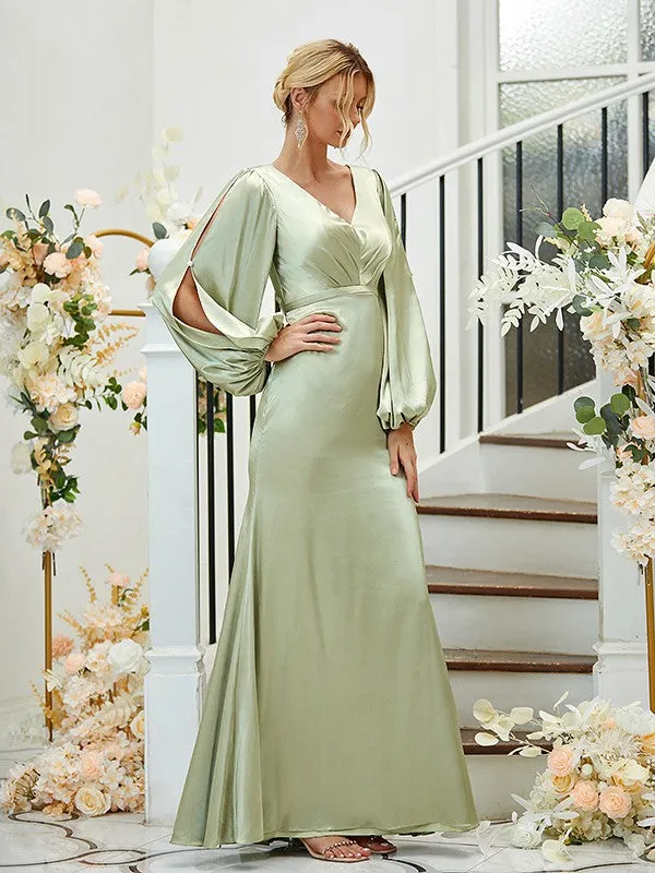 Sheath/Column Silk like Satin Ruched V-neck Long Sleeves Floor-Length Bridesmaid Dresses