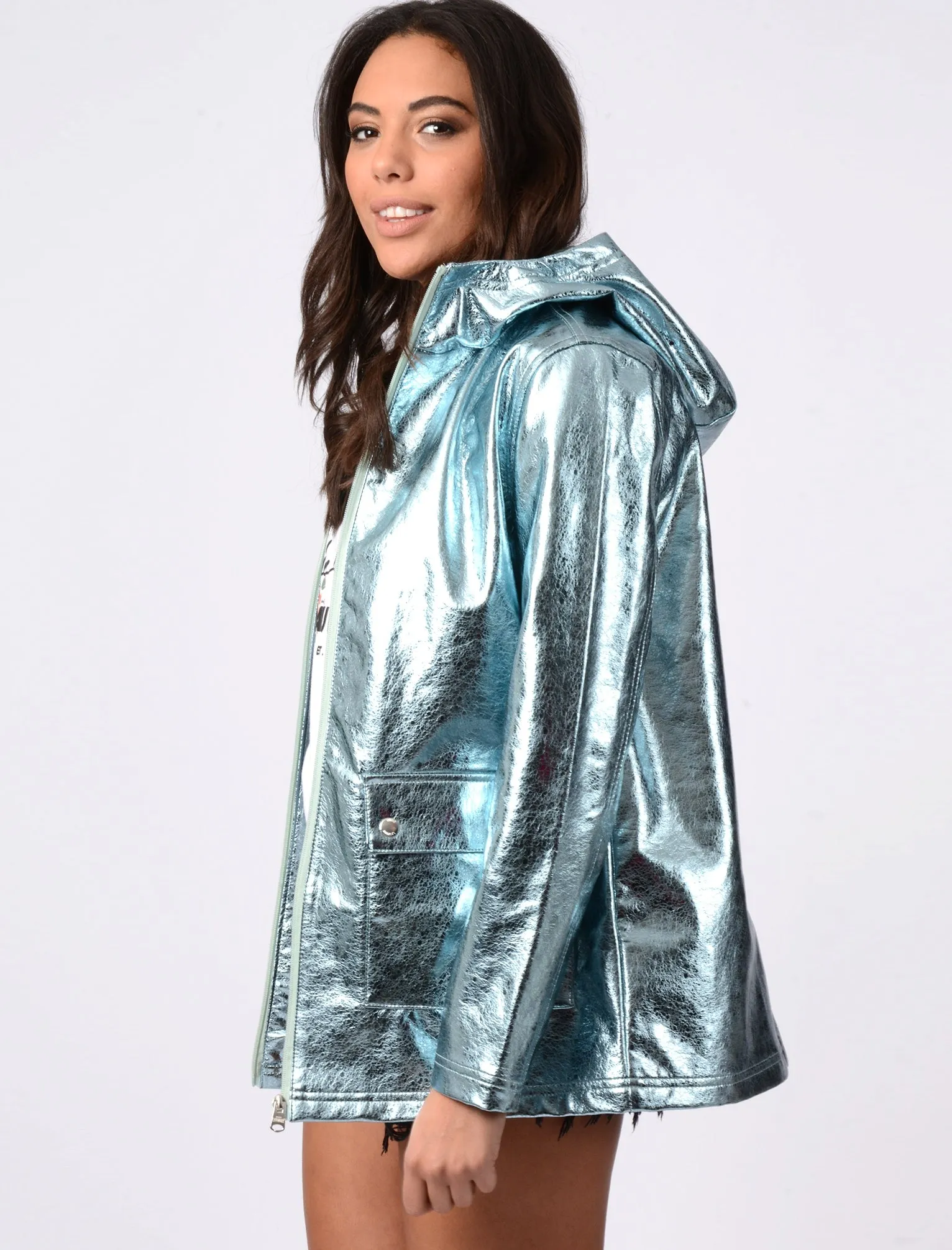 Shine Hooded Rain Coat In Aqua Metallic - Tokyo Laundry