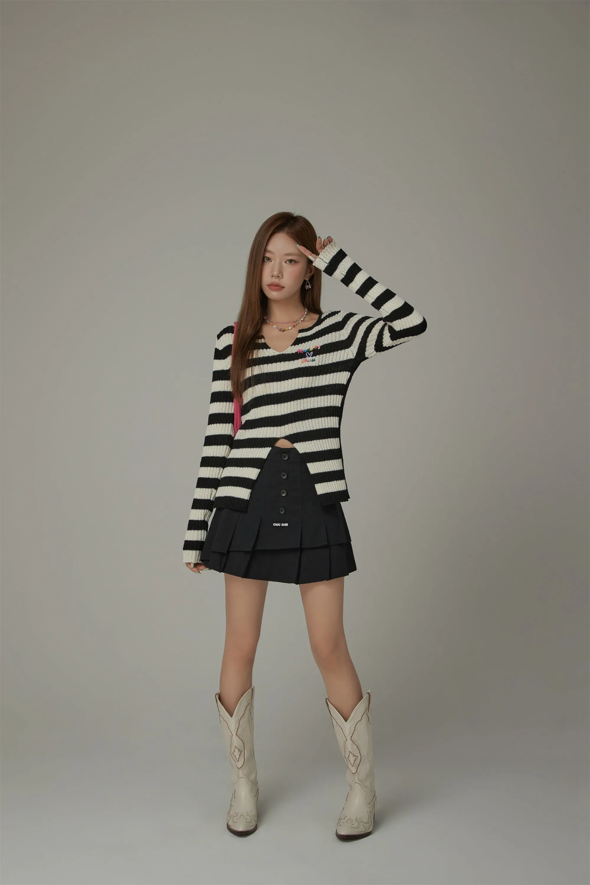 Slit Color Lettering Stripe Knit Sweater