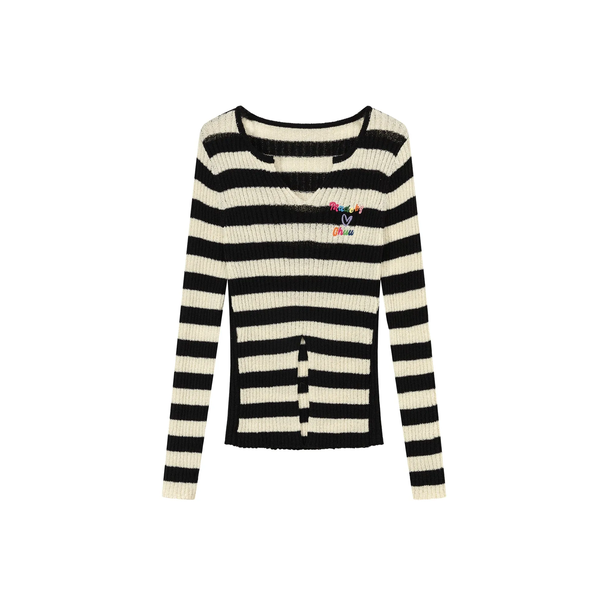 Slit Color Lettering Stripe Knit Sweater