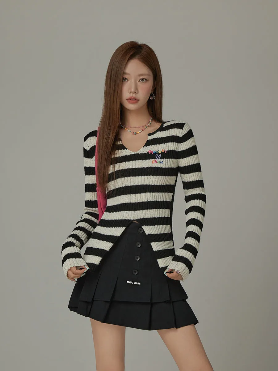 Slit Color Lettering Stripe Knit Sweater