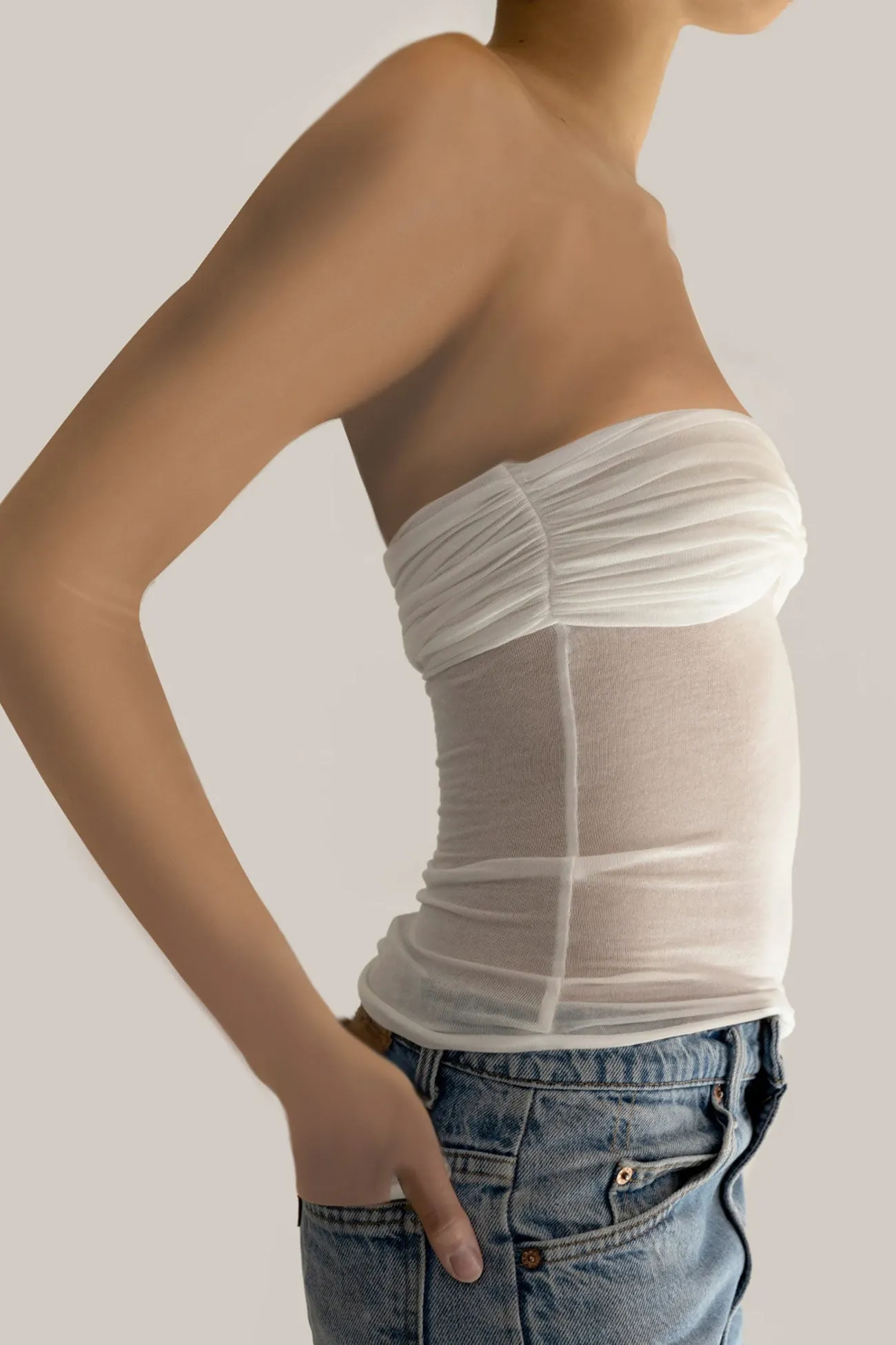 Strapless Mesh Shirring Tops