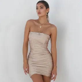 Strapless Ruched Bodycon Party Mini Dress - Khaki