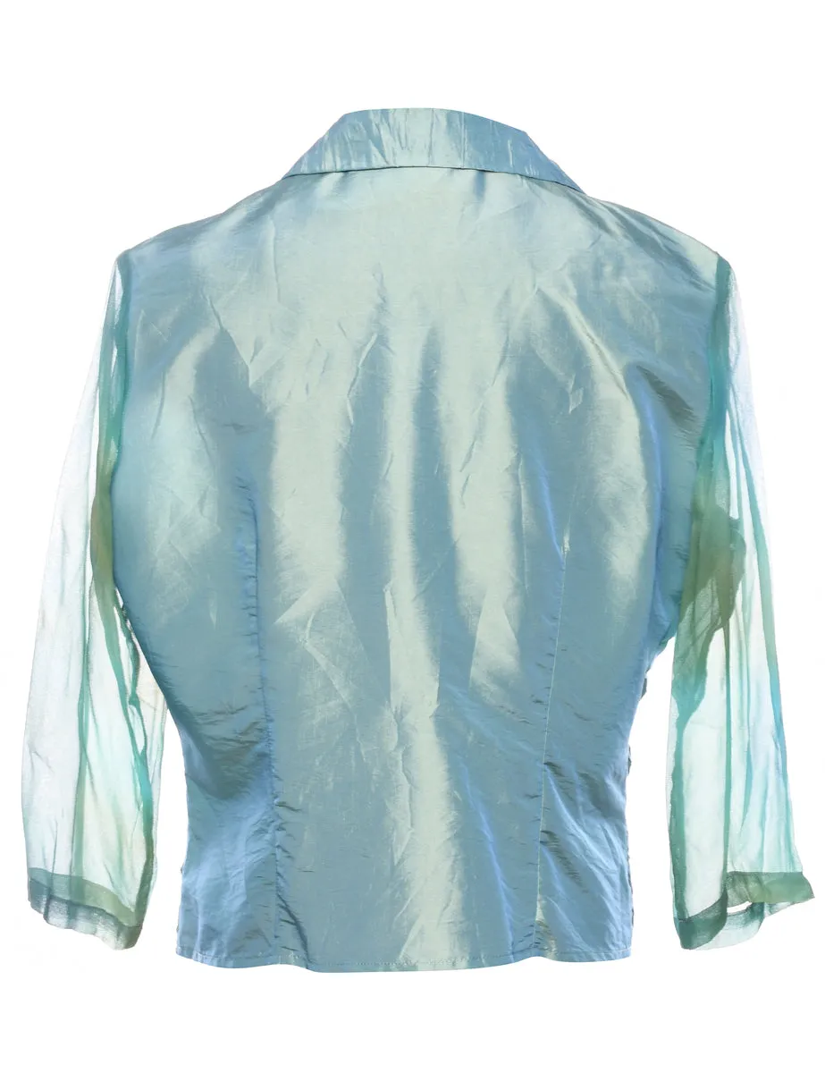 Turquoise Metallic Sheer Sleeved Evening Jacket - L