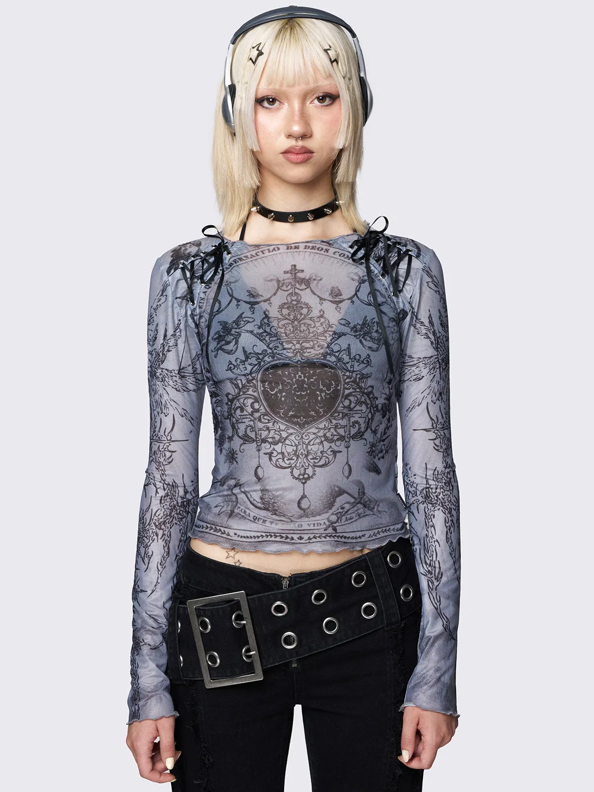 Willa Grey Lace Up Mesh Top